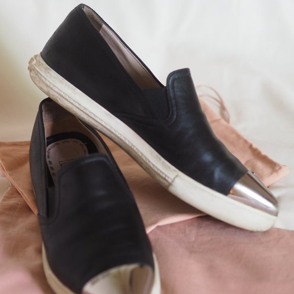 MIU MIU Black Leather Metal Cap Toe Sneakers - Picture 2 of 7